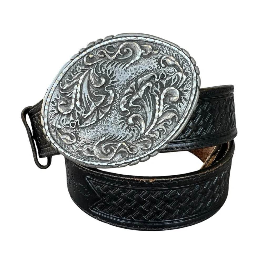 Vintage Silver Creek Basketweave Leather Western Belt Black USA Size 40 GUC
